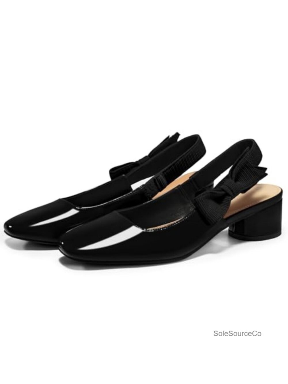 Coutgo Womens Slingback Chunky Heels Bow Closed Square Toe Slip On Work Pumps